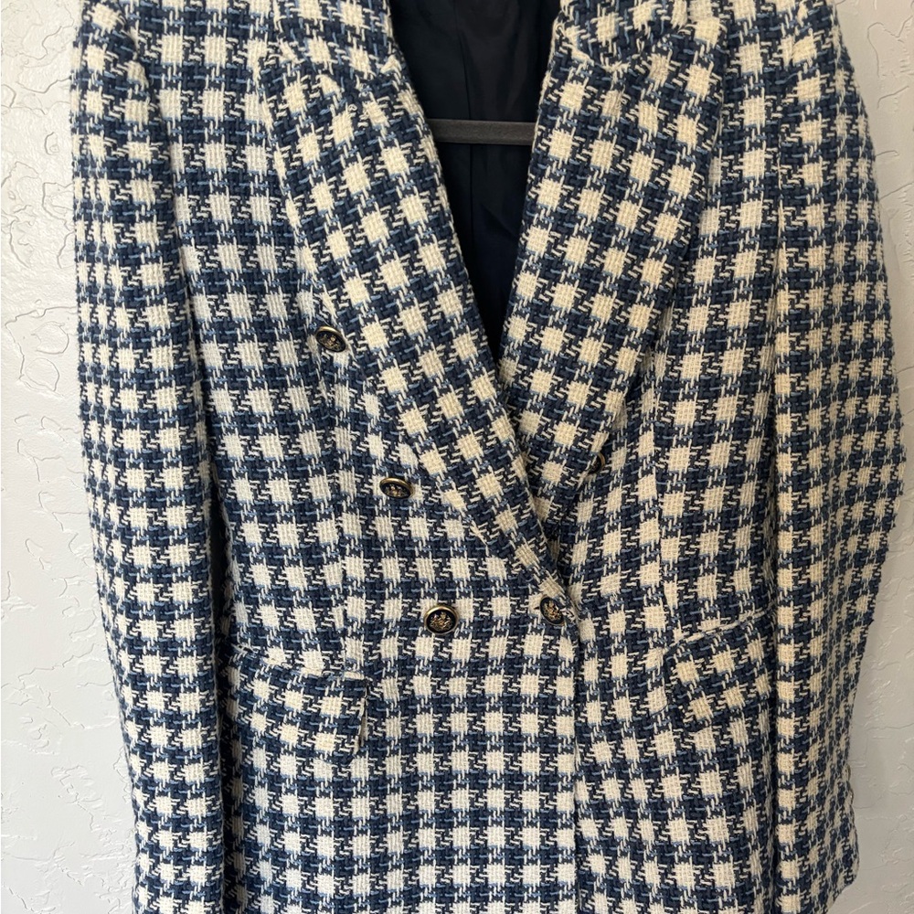 Zara Small blue white tweed shoulder pad tailored blazer gold button